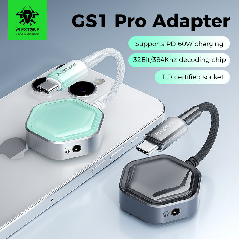 Plextone GS1 Pro gaming adapter variants - Blue with 3.5mm jack and Black with Type-C audio port