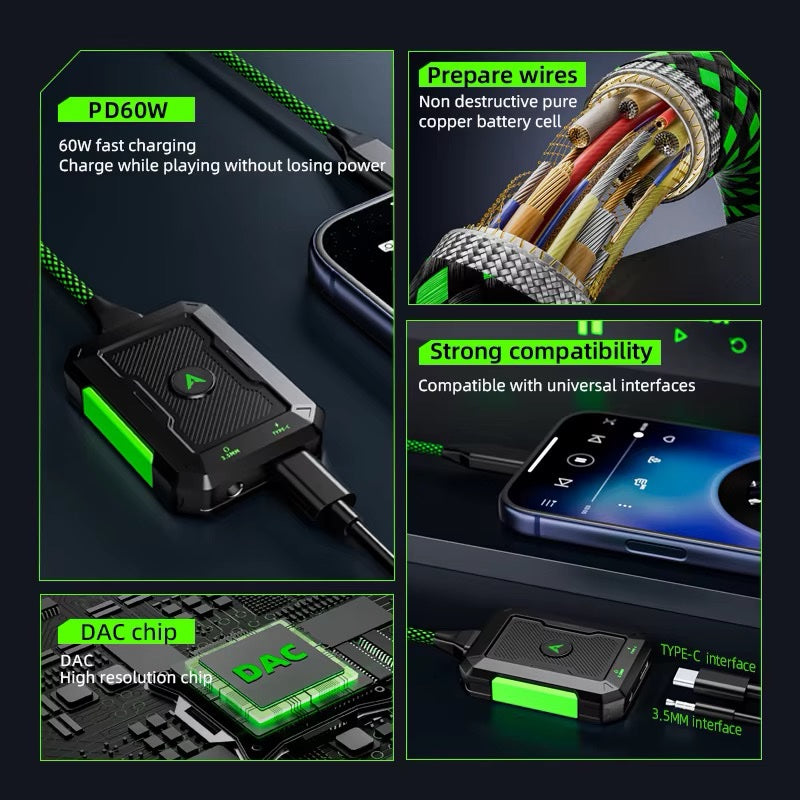 PIVA GS2 2-in-1 Gaming Audio DAC & 3.5mm Jack Adapter with 60W PD Fast Charging | DJStore.pk